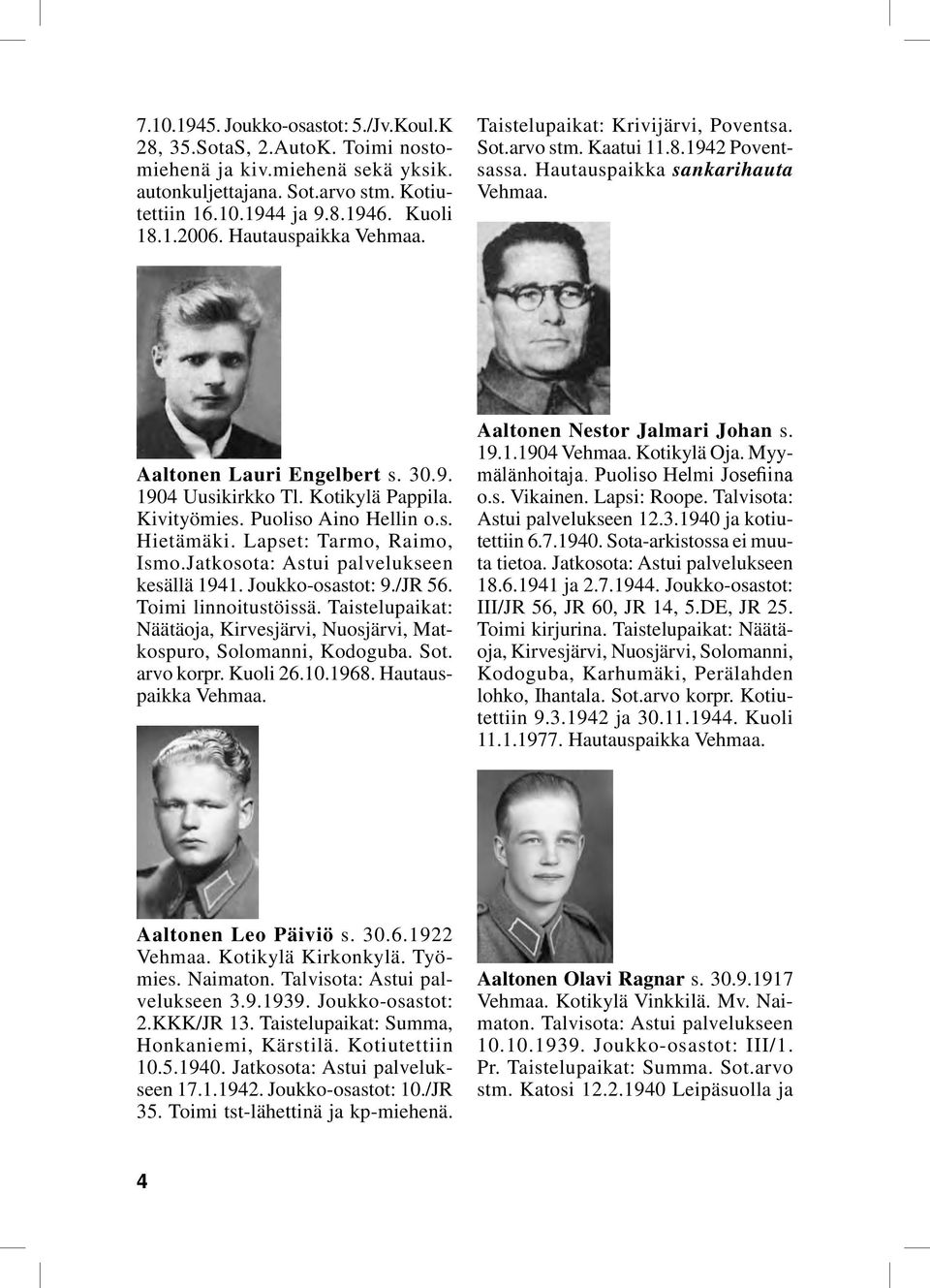 Kivityömies. Puoliso Aino Hellin o.s. Hietämäki. Lapset: Tarmo, Raimo, Ismo.Jatkosota: Astui palvelukseen kesällä 1941. Joukko-osastot: 9./JR 56. Toimi linnoitustöissä.