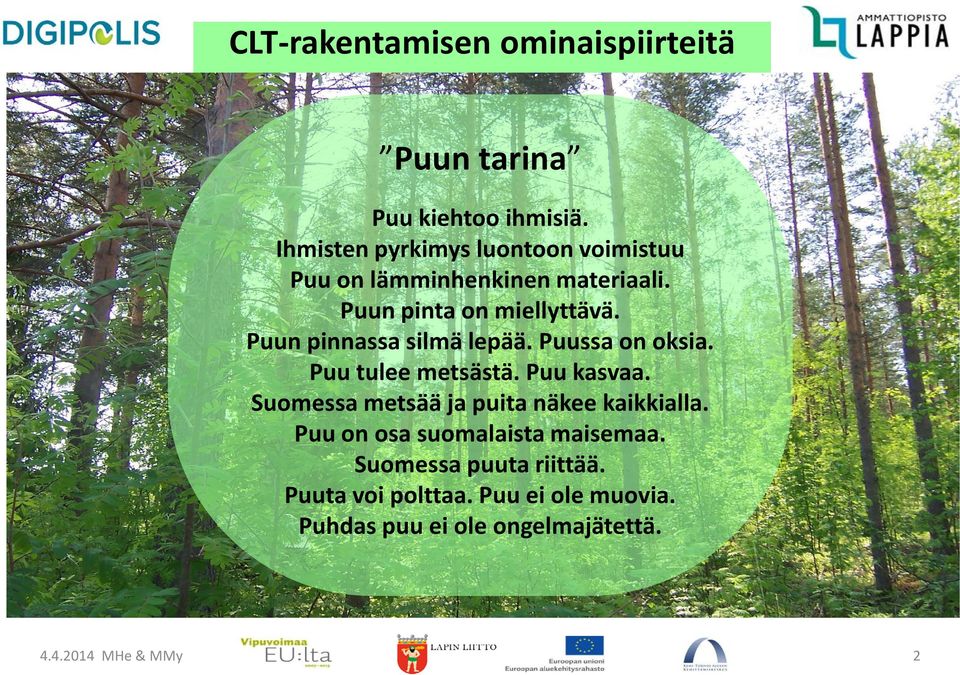 Puun pinta on miellyttävä. Puun pinnassa silmä lepää. Puussa on oksia. Puu tulee metsästä.