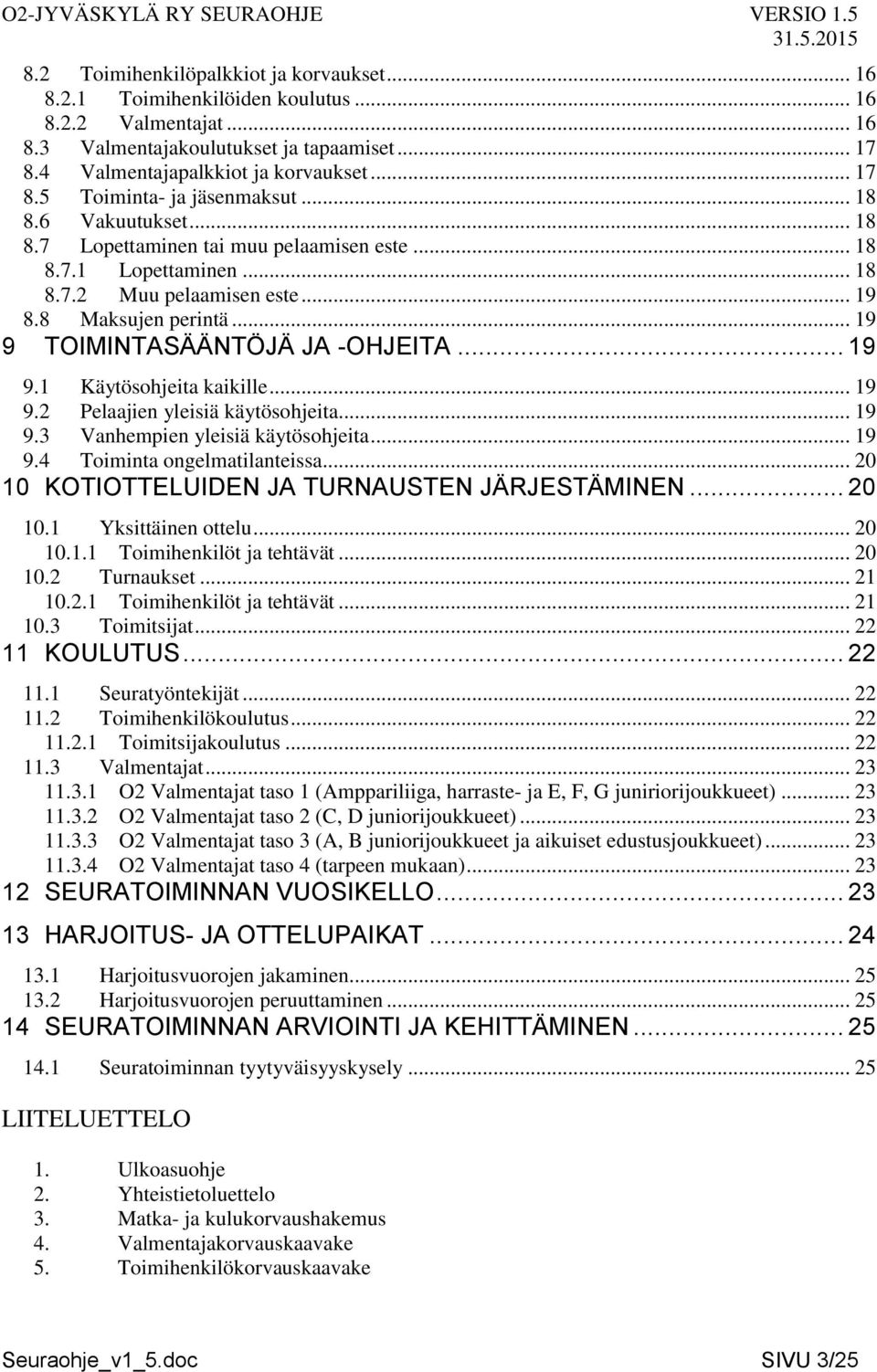 .. 19 9.2 Pelaajien yleisiä käytösohjeita... 19 9.3 Vanhempien yleisiä käytösohjeita... 19 9.4 Toiminta ongelmatilanteissa... 20 10 KOTIOTTELUIDEN JA TURNAUSTEN JÄRJESTÄMINEN... 20 10.1 Yksittäinen ottelu.