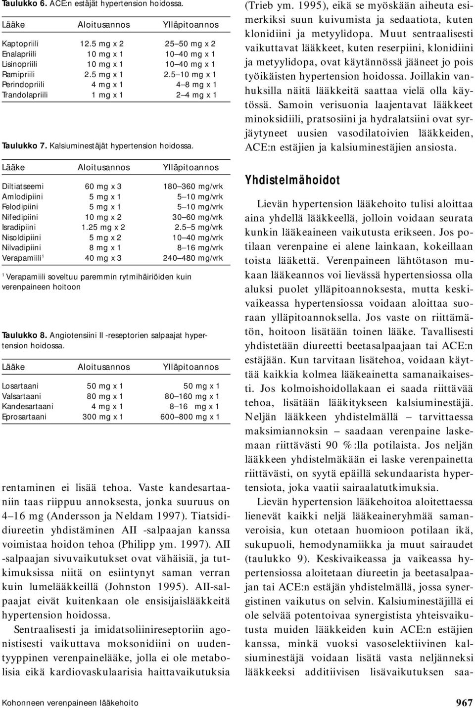 5 10 mg x 1 Perindopriili 4 mg x 1 4 8 mg x 1 Trandolapriili 1 mg x 1 2 4 mg x 1 Taulukko 7. Kalsiuminestäjät hypertension hoidossa.