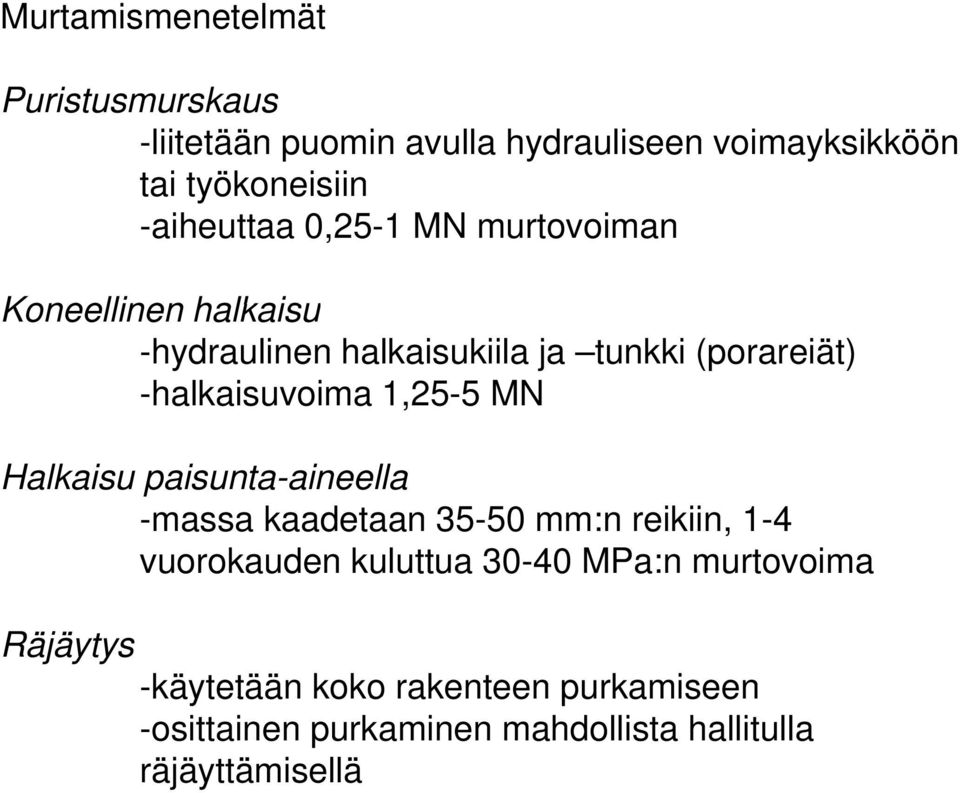 Halkaisu paisunta-aineella -massa kaadetaan 35-50 mm:n reikiin, 1-4 vuorokauden kuluttua 30-40 MPa:n murtovoima Räjäytys