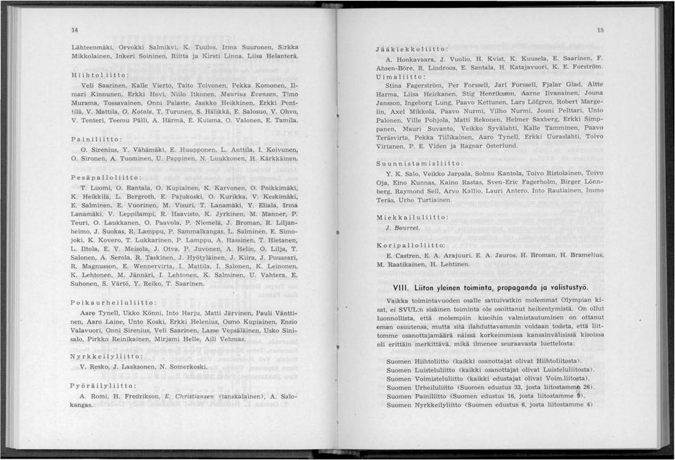 Ilmari Kinnunen, Erkki Hovi, Niilo Itkonen, Maurius Evensen, Timo Murama, Tossavainen, Onni Palaste, Jaakko Heikkinen, Erkki Penttilä, V. Mattila, O. Kotala, T. Turunen, S. Hälikkä, E. Salosuo, V.