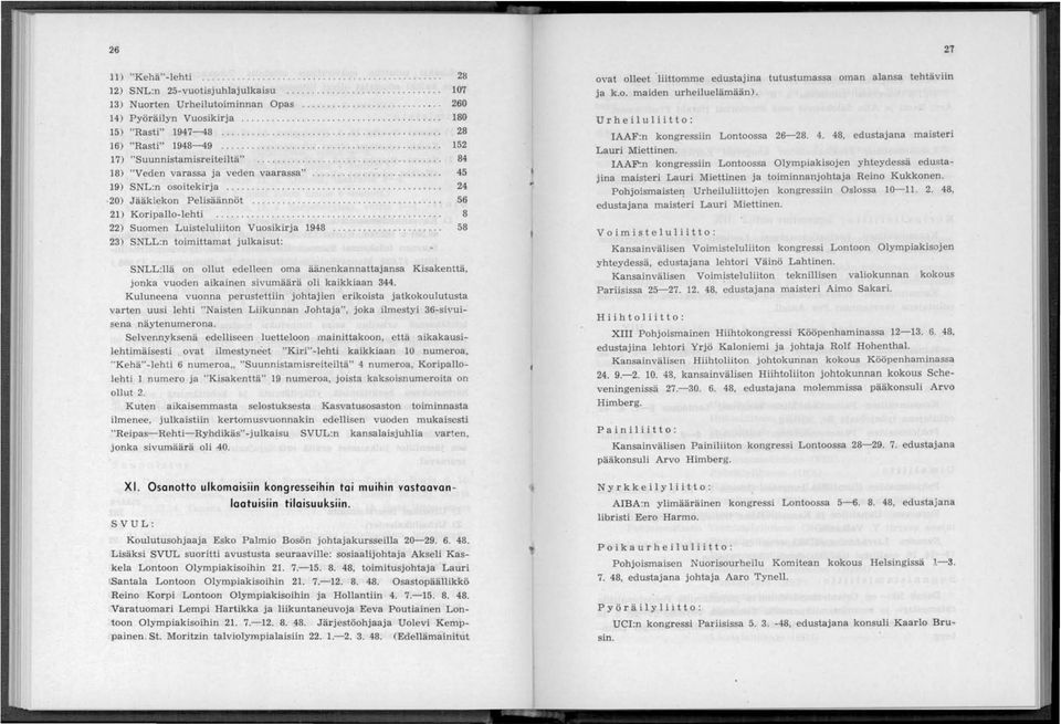 ............... 21) Koripallo-lehti...................... 22) Suomen Luisteluliiton Vuosikirja 1948.