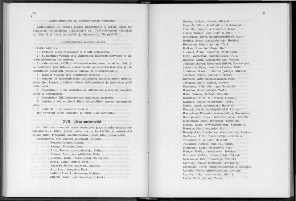 Liittohallitus on 1) hoitanut liiton raha varoja ja muuta omaisuutta, 2) huolehtinut vuoden 1947 valtionapua koskevan tilityksen ja toimintaselostuksen laatimisesta, 3) valmistanut SVUL:n