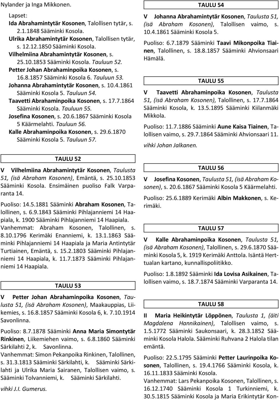 1861 Sääminki Kosola 5. Tauluun 54. Taavetti Abrahaminpoika Kosonen, s. 17.7.1864 Sääminki Kosola. Tauluun 55. Josefina Kosonen, s. 20.6.1867 Sääminki Kosola 5 Käärmelahti. Tauluun 56.