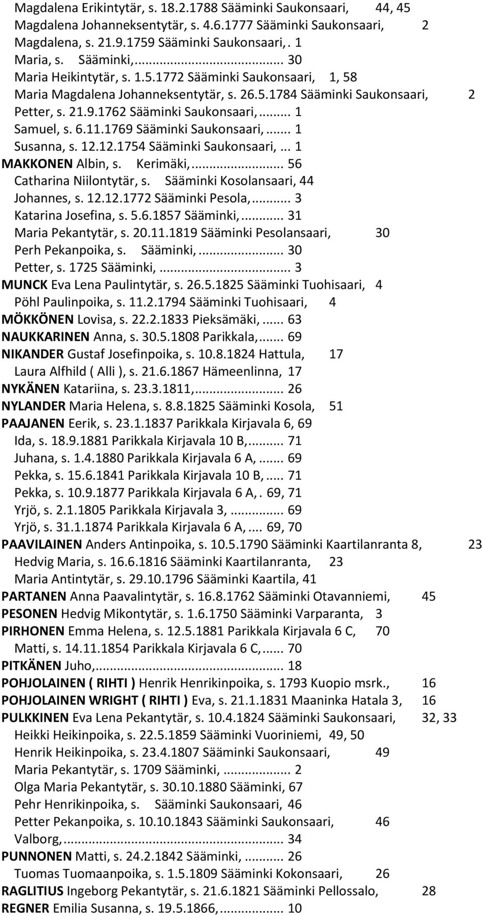 1769 Sääminki Saukonsaari,... 1 Susanna, s. 12.12.1754 Sääminki Saukonsaari,... 1 MAKKONEN Albin, s. Kerimäki,... 56 Catharina Niilontytär, s. Sääminki Kosolansaari, 44 Johannes, s. 12.12.1772 Sääminki Pesola,.