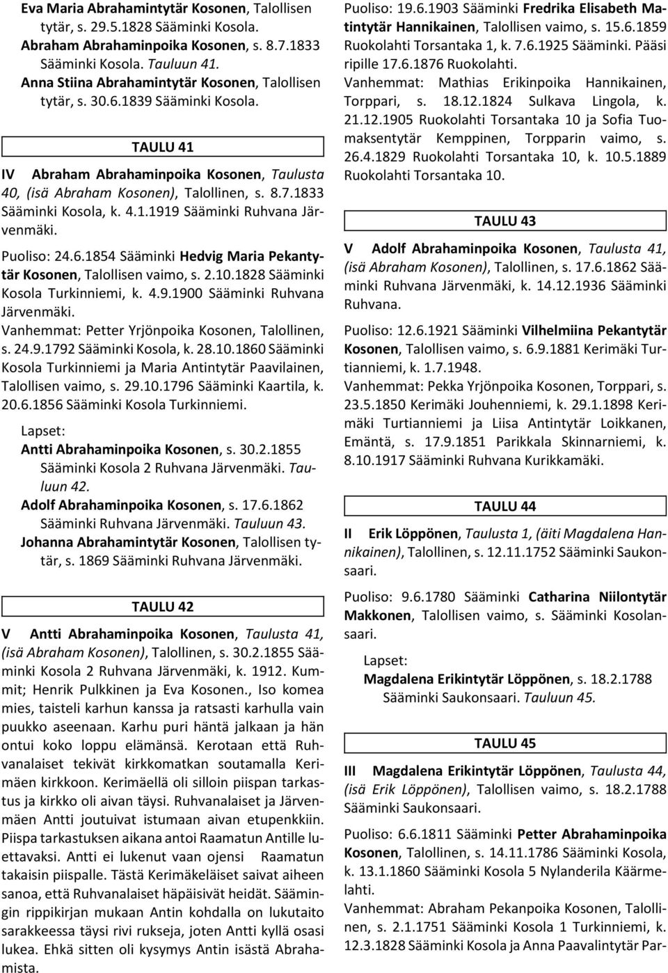 1833 Sääminki Kosola, k. 4.1.1919 Sääminki Ruhvana Järvenmäki. Puoliso: 24.6.1854 Sääminki Hedvig Maria Pekantytär Kosonen, Talollisen vaimo, s. 2.10.1828 Sääminki Kosola Turkinniemi, k. 4.9.1900 Sääminki Ruhvana Järvenmäki.