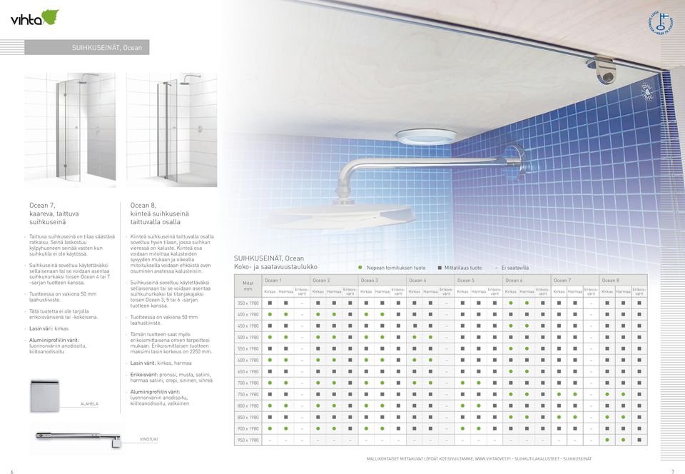 Lasin väri: kirkas kiiltoanodisoitu ALAHELA Ocean 8, kiinteä suihkuseinä taittuvalla osalla Kiinteä suihkuseinä taittuvalla osalla soveltuu hyvin tilaan, jossa suihkun vieressä on kaluste.