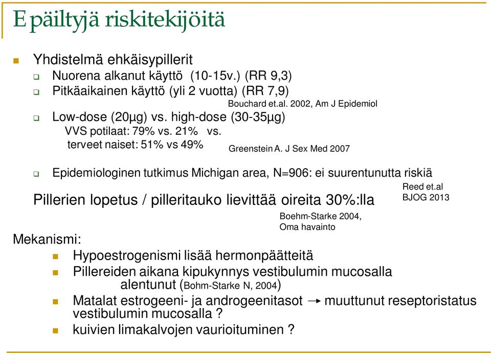 terveet naiset: 51% vs 49% Epidemiologinen tutkimus Michigan area, N=906: ei suurentunutta riskiä Pillerien lopetus / pilleritauko lievittää oireita 30%:lla Mekanismi: Greenstein A.