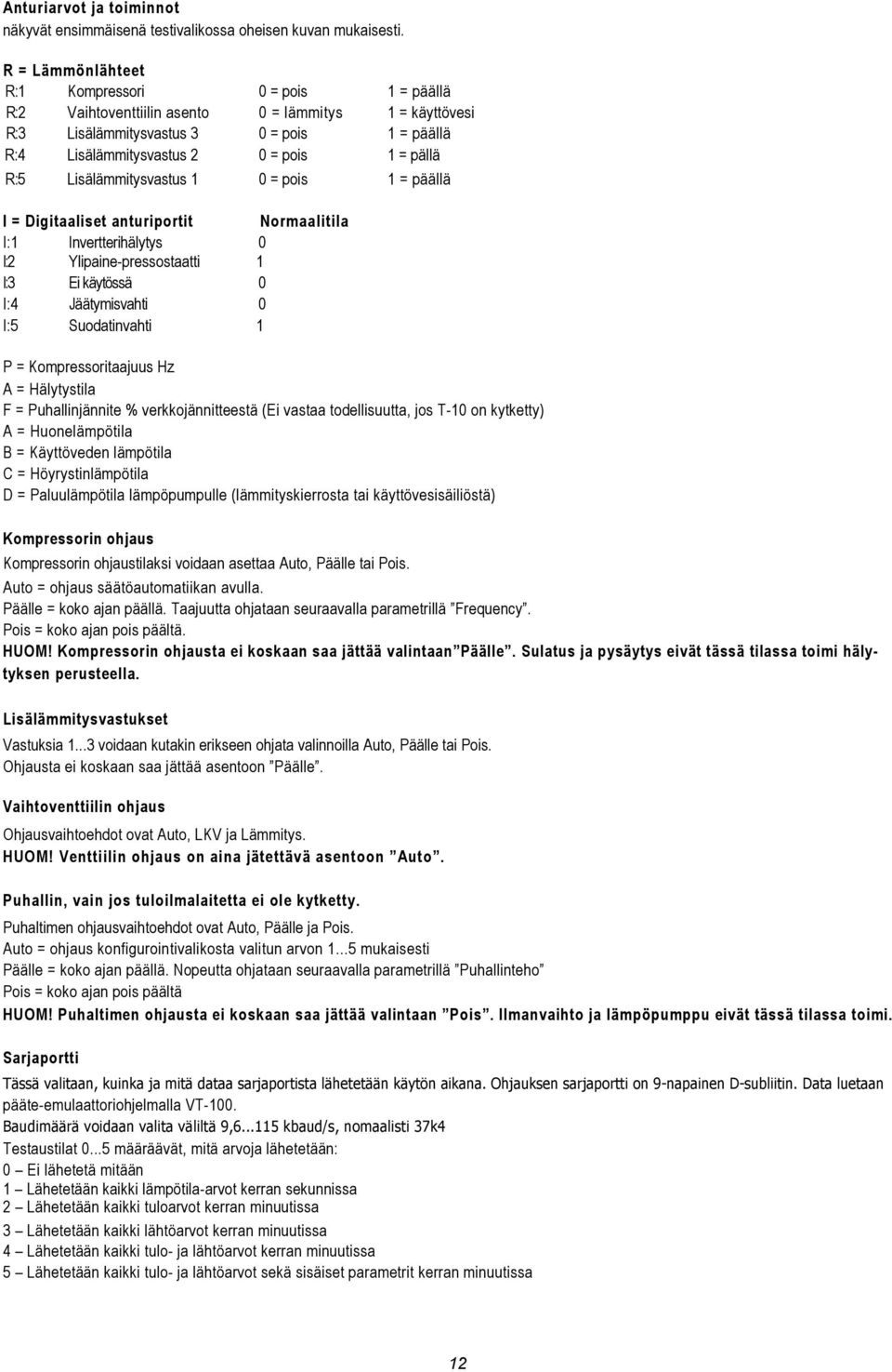 R:5 Lisälämmitysvastus 1 0 = pois 1 = päällä I = Digitaaliset anturiportit Normaalitila I:1 Invertterihälytys 0 I:2 Ylipaine-pressostaatti 1 I:3 Ei käytössä 0 I:4 Jäätymisvahti 0 I:5 Suodatinvahti 1