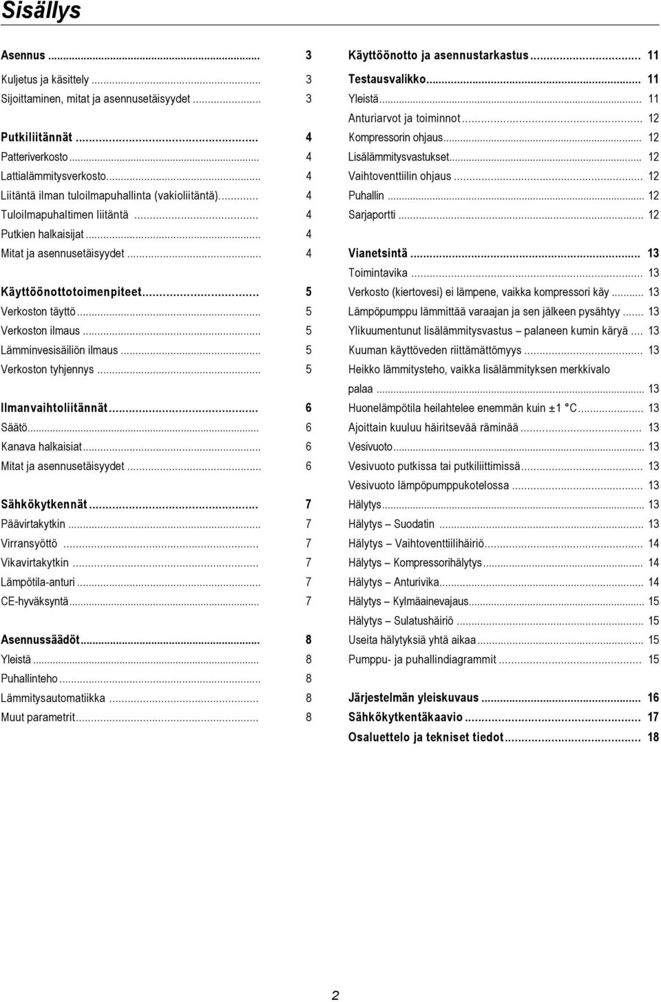 .. 12 Liitäntä ilman tuloilmapuhallinta (vakioliitäntä)... 4 Puhallin... 12 Tuloilmapuhaltimen liitäntä... 4 Sarjaportti... 12 Putkien halkaisijat... 4 Mitat ja asennusetäisyydet... 4 Vianetsintä.