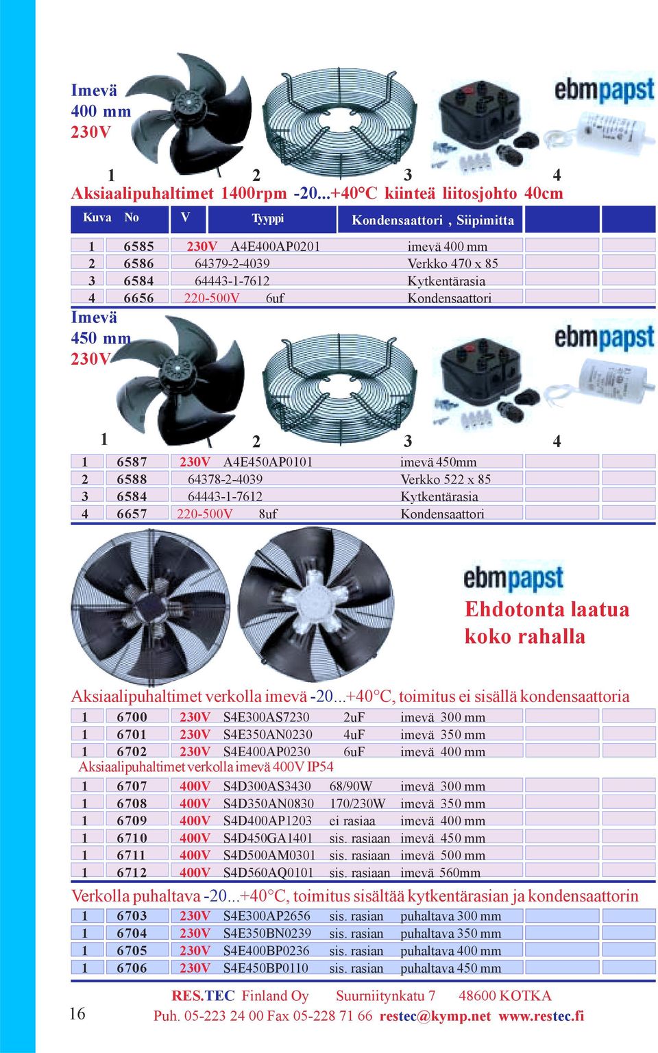 220-500V 6uf Kondensaattori Imevä 450 mm 230V 2 3 4 6587 230V A4E450AP00 imevä 450mm 2 6588 64378-2-4039 Verkko 522 x 85 3 6584 64443--762 Kytkentärasia 4 6657 220-500V 8uf Kondensaattori Ehdotonta