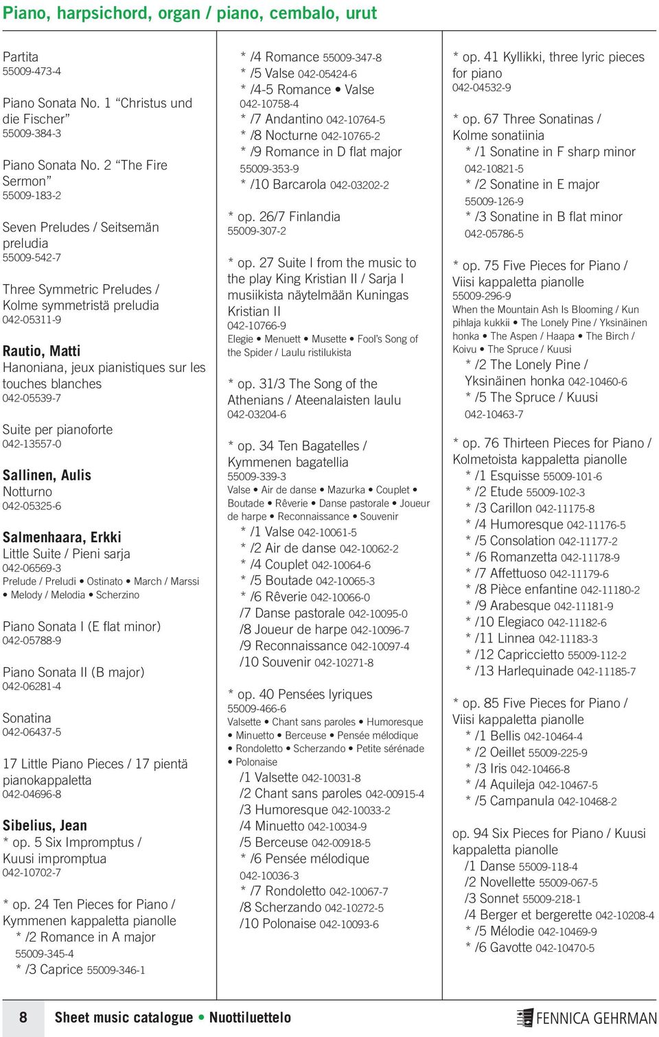 touches blanches 042-05539-7 Suite per pianoforte 042-13557-0 Sallinen, Aulis Notturno 042-05325-6 Salmenhaara, Erkki Little Suite / Pieni sarja 042-06569-3 Prelude / Preludi Ostinato March / Marssi