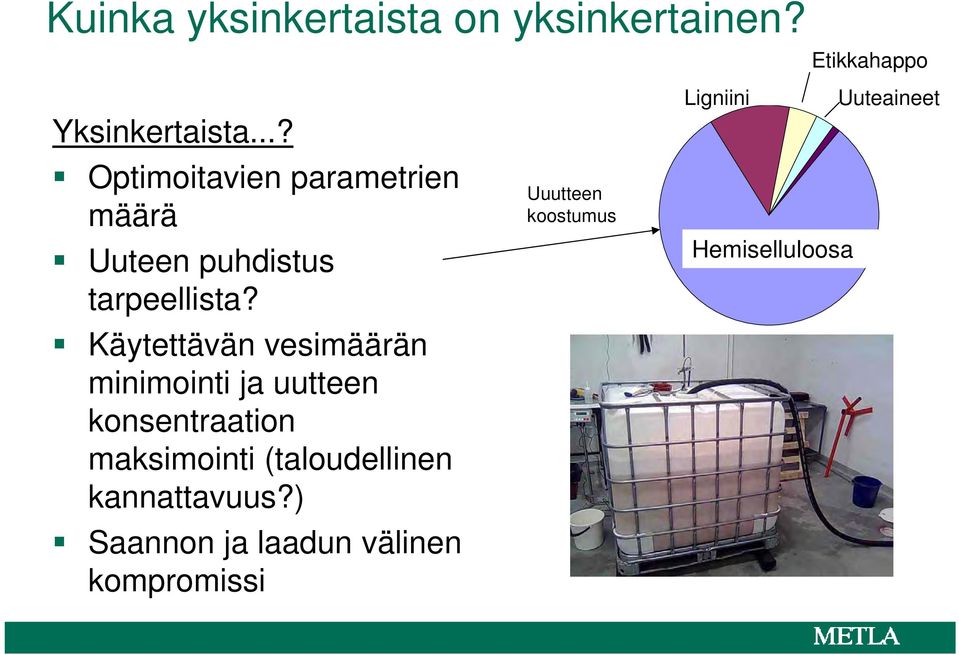 Käytettävän vesimäärän minimointi ja uutteen konsentraation maksimointi