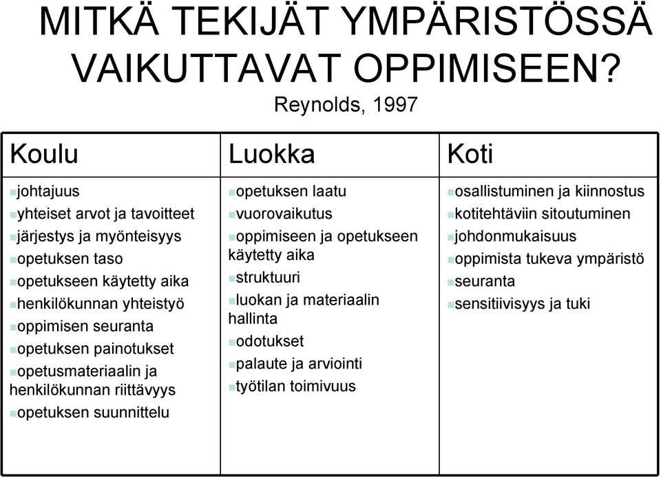 yhteistyö oppimisen seuranta opetuksen painotukset opetusmateriaalin ja henkilökunnan riittävyys opetuksen suunnittelu opetuksen laatu vuorovaikutus