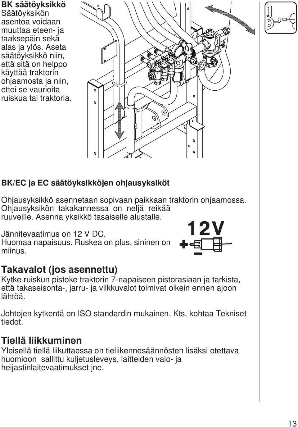 BK/EC ja EC säätöyksikköjen ohjausyksiköt Ohjausyksikkö asennetaan sopivaan paikkaan traktorin ohjaamossa. Ohjausyksikön takakannessa on neljä reikää ruuveille. Asenna yksikkö tasaiselle alustalle.