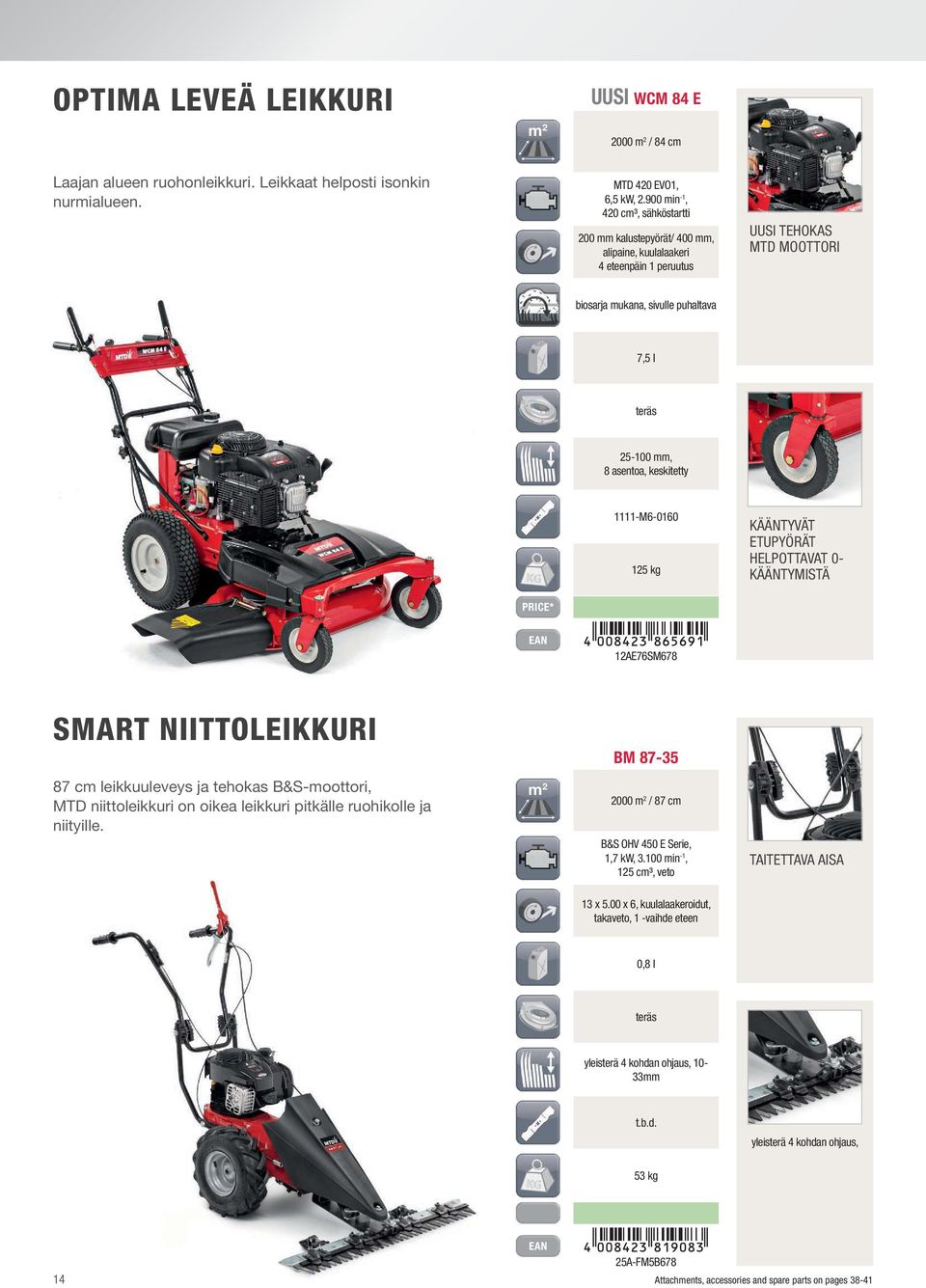 asentoa, keskitetty 1111-M6-0160 125 kg KÄÄNTYVÄT ETUPYÖRÄT HELPOTTAVAT 0- KÄÄNTYMISTÄ PRICE* 12AE76SM678 SMART NIITTOLEIKKURI BM 87-35 87 cm leikkuuleveys ja tehokas B&S-moottori, MTD niittoleikkuri