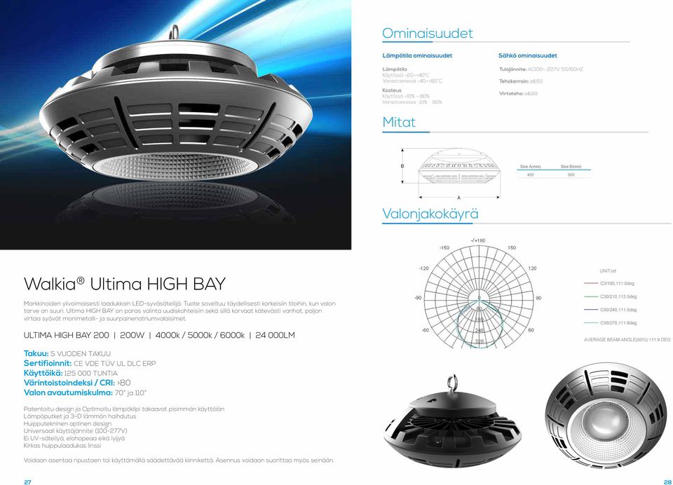 26 ULTIMA HIGH BAY 200 200W 4000k / 5000k / 6000k 24 000LM Takuu: 5 VUODEN TAKUU Sertifioinnit: CE VDE TÜV UL DLC ERP Käyttöikä: 125 000 TUNTIA Värintoistoindeksi / CRI: >80 Valon avautumiskulma: 70