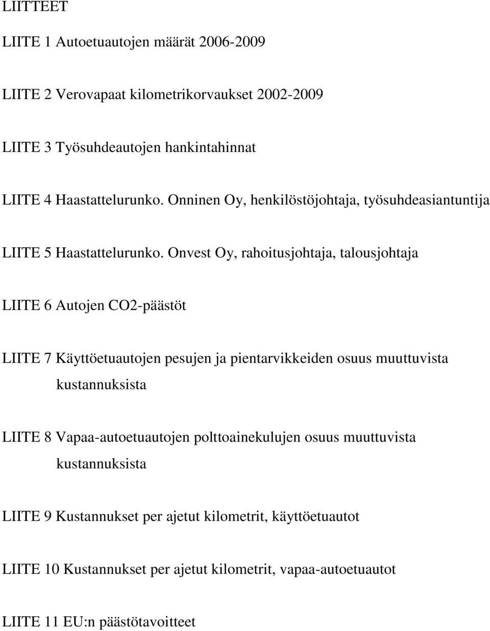 Onvest Oy, rahoitusjohtaja, talousjohtaja LIITE 6 Autojen CO2-päästöt LIITE 7 Käyttöetuautojen pesujen ja pientarvikkeiden osuus muuttuvista kustannuksista