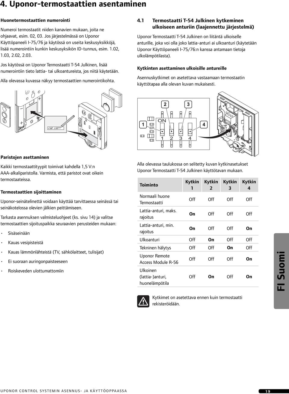 2.02, 2.03. Jos käytössä on Uponor Termostaatti T-54 Julkinen, lisää numerointiin tieto lattia- tai ulkoantureista, jos niitä käytetään. Alla olevassa kuvassa näkyy termostaattien numerointikohta. 4.