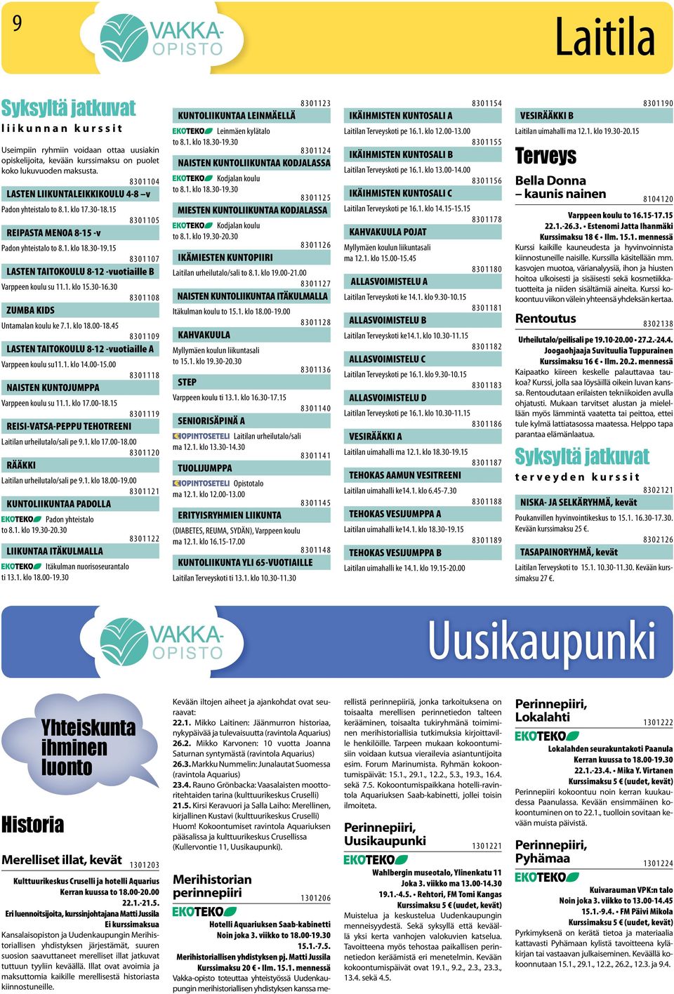 30 8 3 0 1 1 0 8 ZUMBA KIDS Untamalan koulu ke 7.1. klo 18.00-18.45 8 3 0 1 1 0 9 LASTEN TAITOKOULU 8-12 -vuotiaille A Varppeen koulu su11.1. klo 14.00-15.