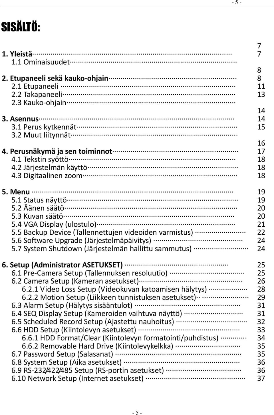 5 Backup Device (Tallennettujen videoiden varmistus) 5.6 Software Upgrade (Järjestelmäpäivitys) 5.7 System Shutdown (Järjestelmän hallittu sammutus) 6. Setup (Administrator ASETUKSET) 6.