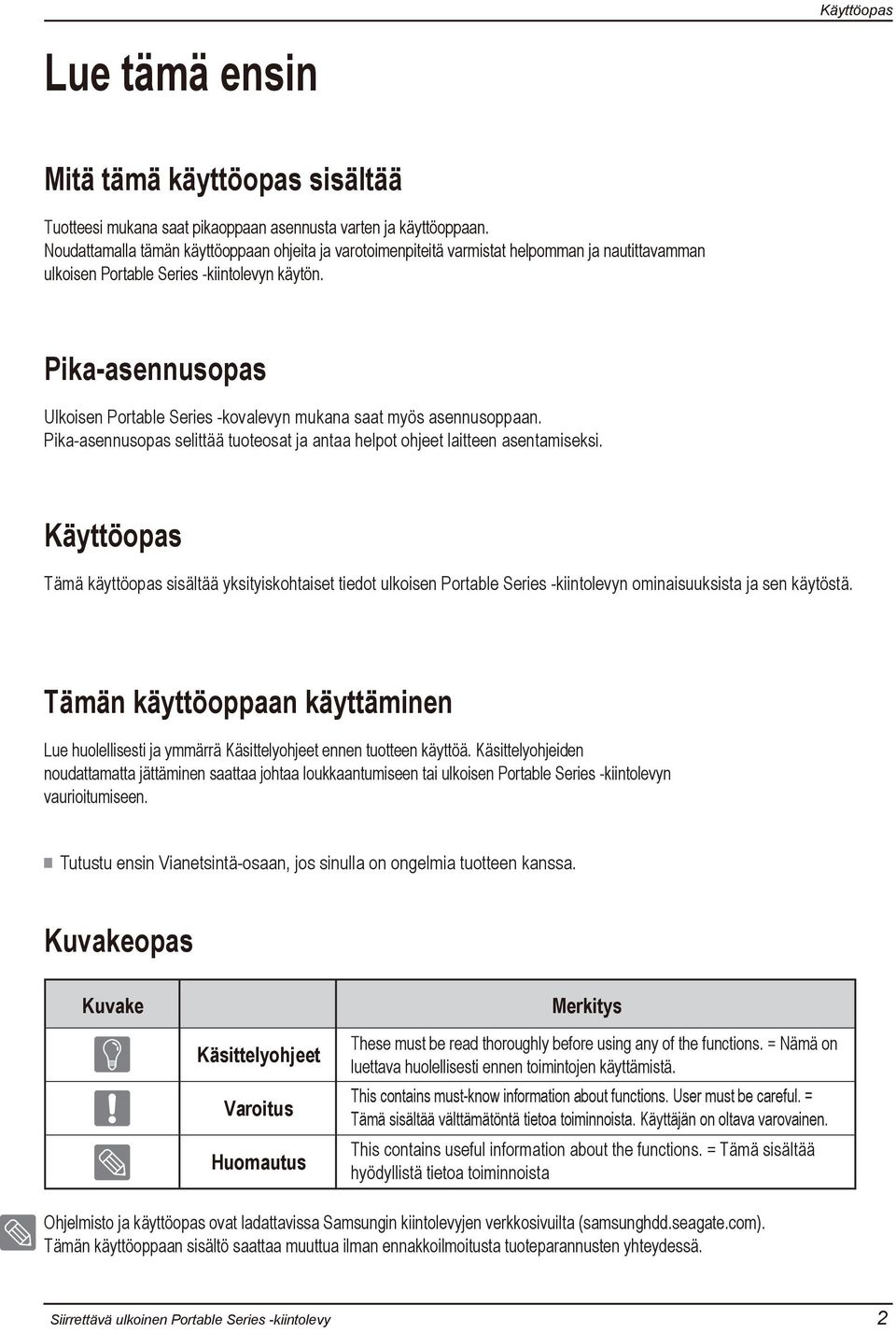 Pika-asennusopas Ulkoisen Portable Series -kovalevyn mukana saat myös asennusoppaan. Pika-asennusopas selittää tuoteosat ja antaa helpot ohjeet laitteen asentamiseksi.