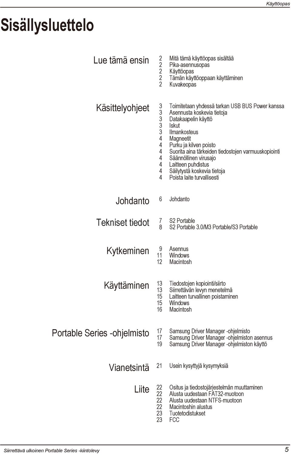 Laitteen puhdistus Säilytystä koskevia tietoja Poista laite turvallisesti Johdanto 6 Johdanto Tekniset tiedot 7 8 S2 Portable S2 Portable 3.