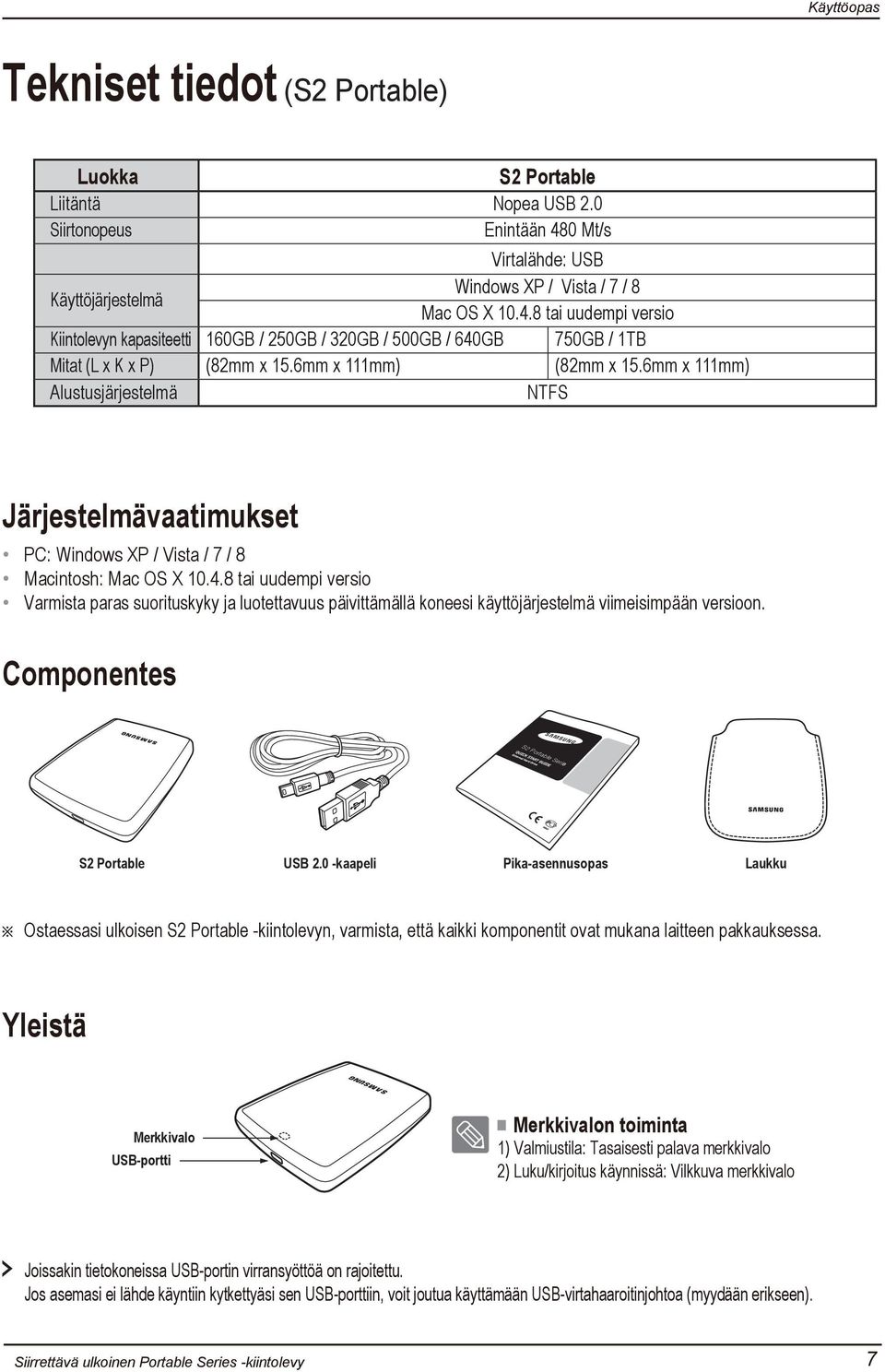 8 tai uudempi versio Kiintolevyn kapasiteetti 160GB / 250GB / 320GB / 500GB / 640GB 750GB / 1TB Mitat (L x K x P) (82mm x 15.6mm x 111mm) (82mm x 15.