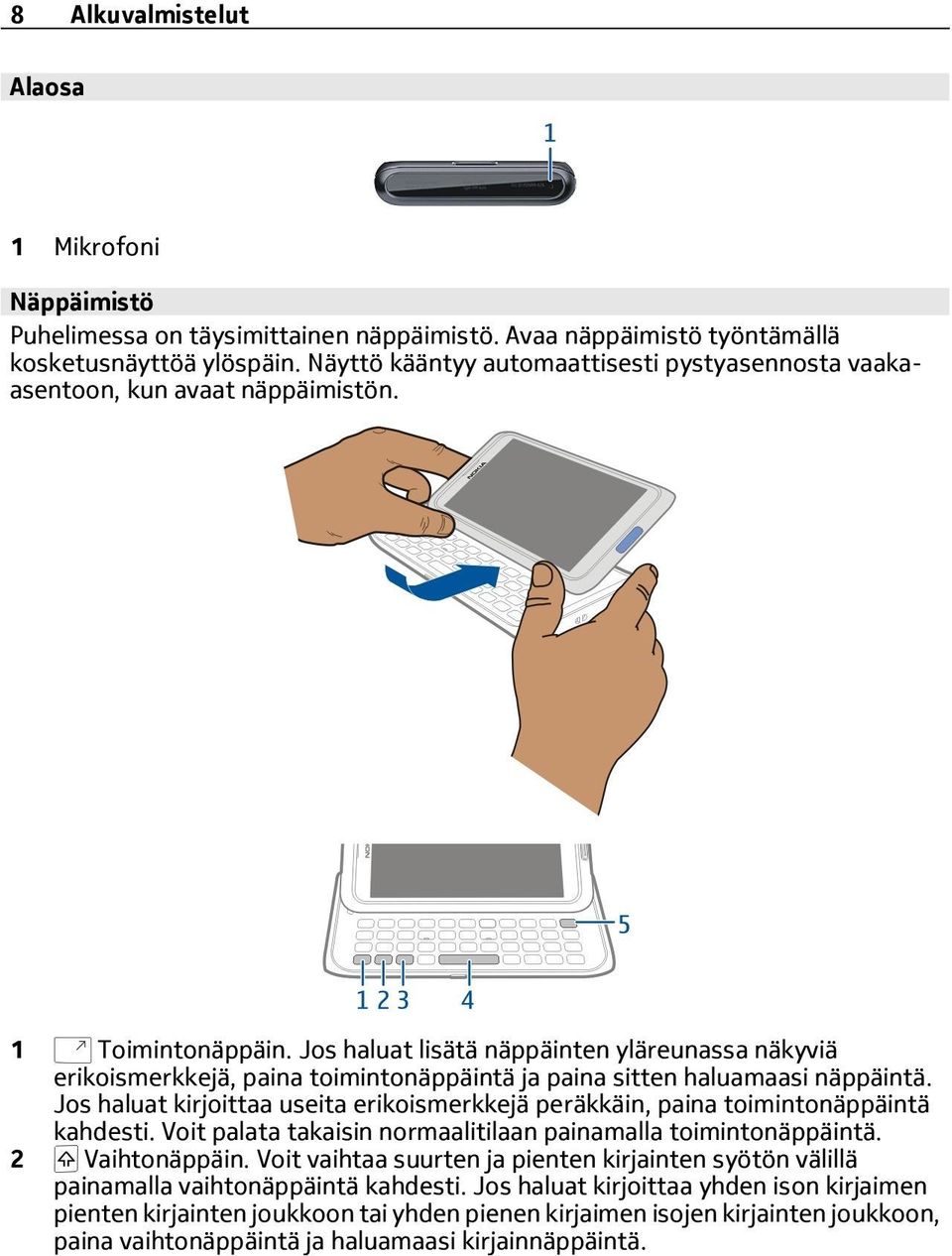 Jos haluat lisätä näppäinten yläreunassa näkyviä erikoismerkkejä, paina toimintonäppäintä ja paina sitten haluamaasi näppäintä.