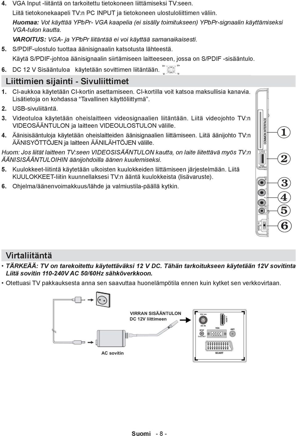 S/PDIF-ulostulo tuottaa äänisignaalin katsotusta lähteestä. Käytä S/PDIF-johtoa äänisignaalin siirtämiseen laitteeseen, jossa on S/PDIF -sisääntulo. 6.