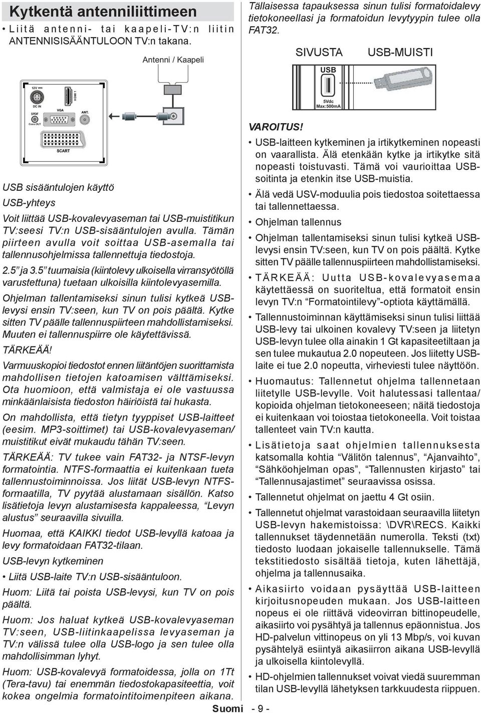 SIVUSTA USB USB-MUISTI 5Vdc Max:500mA USB sisääntulojen käyttö USB-yhteys Voit liittää USB-kovalevyaseman tai USB-muistitikun TV:seesi TV:n USB-sisääntulojen avulla.