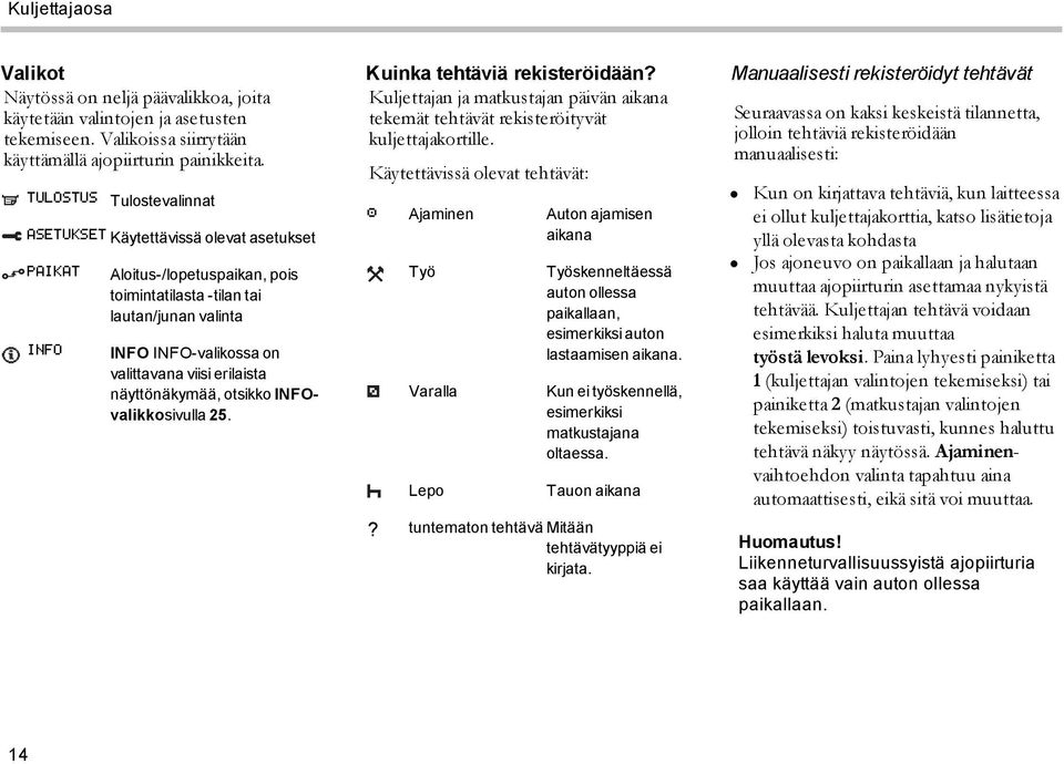 erilaista näyttönäkymää, otsikko INFOvalikkosivulla 25. Kuinka tehtäviä rekisteröidään? Kuljettajan ja matkustajan päivän aikana tekemät tehtävät rekisteröityvät kuljettajakortille.