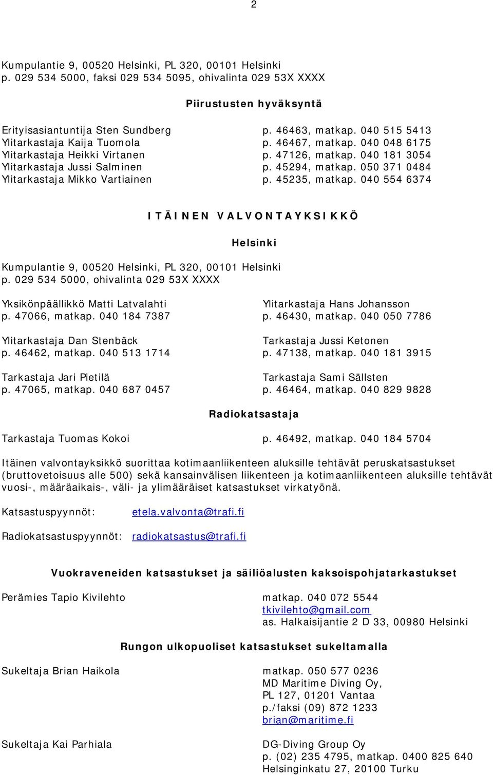 050 371 0484 Ylitarkastaja Mikko Vartiainen p. 45235, matkap. 040 554 6374 ITÄINEN VALVONTAYKSIKKÖ Helsinki Kumpulantie 9, 00520 Helsinki, PL 320, 00101 Helsinki p.