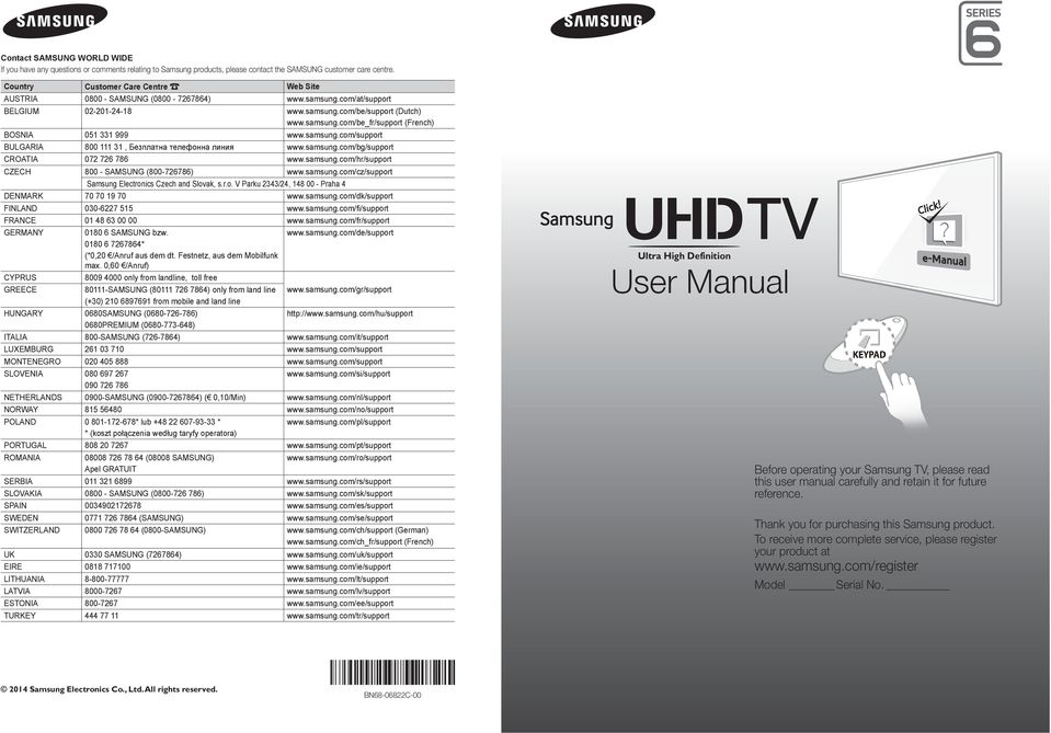 samsung.com/support BULGARIA 800 111 31, www.samsung.com/bg/support CROATIA 072 726 786 www.samsung.com/hr/support CZECH 800 - SAMSUNG (800-726786) www.samsung.com/cz/support Samsung Electronics Czech and Slovak, s.