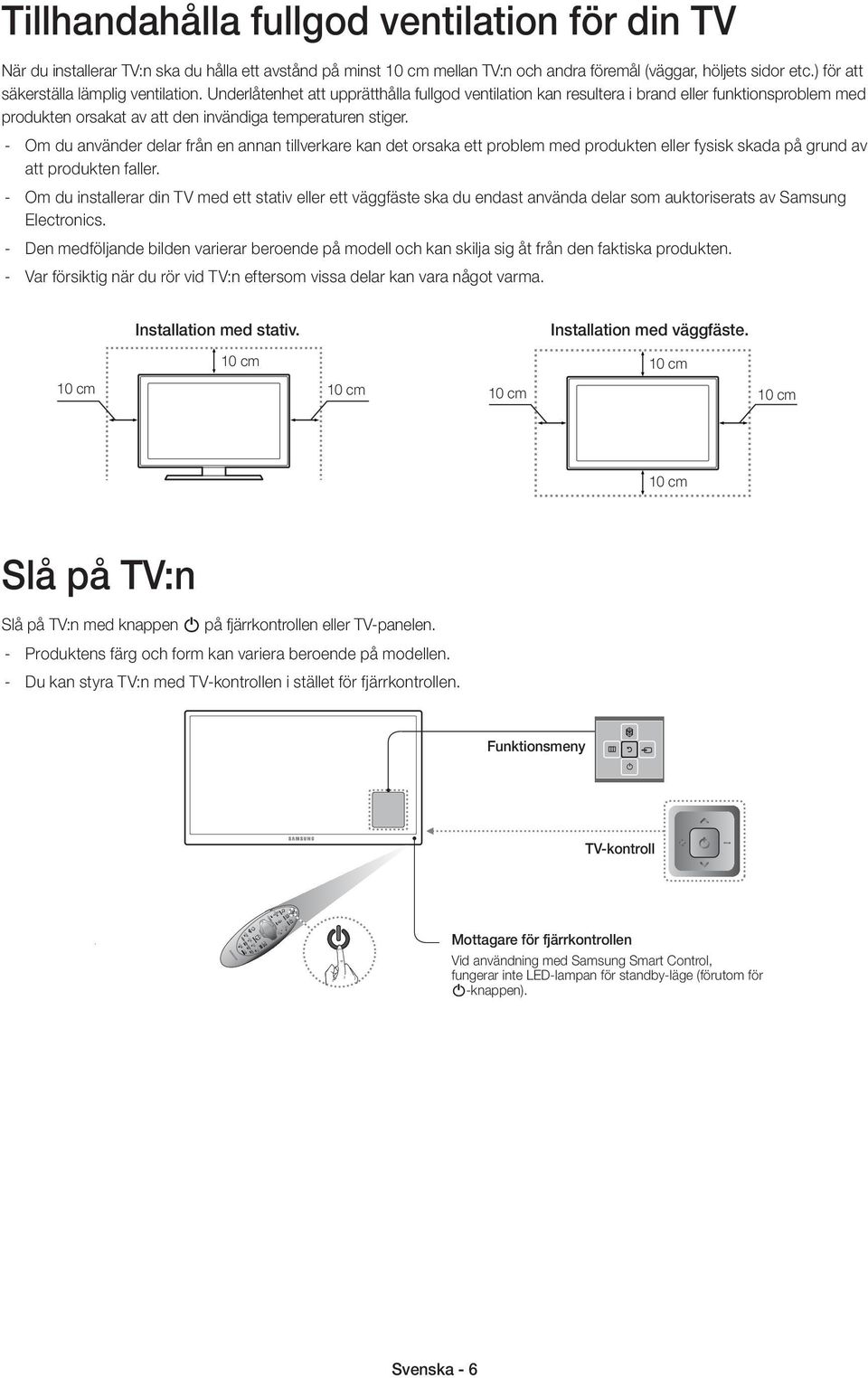 Underlåtenhet att upprätthålla fullgod ventilation kan resultera i brand eller funktionsproblem med produkten orsakat av att den invändiga temperaturen stiger.