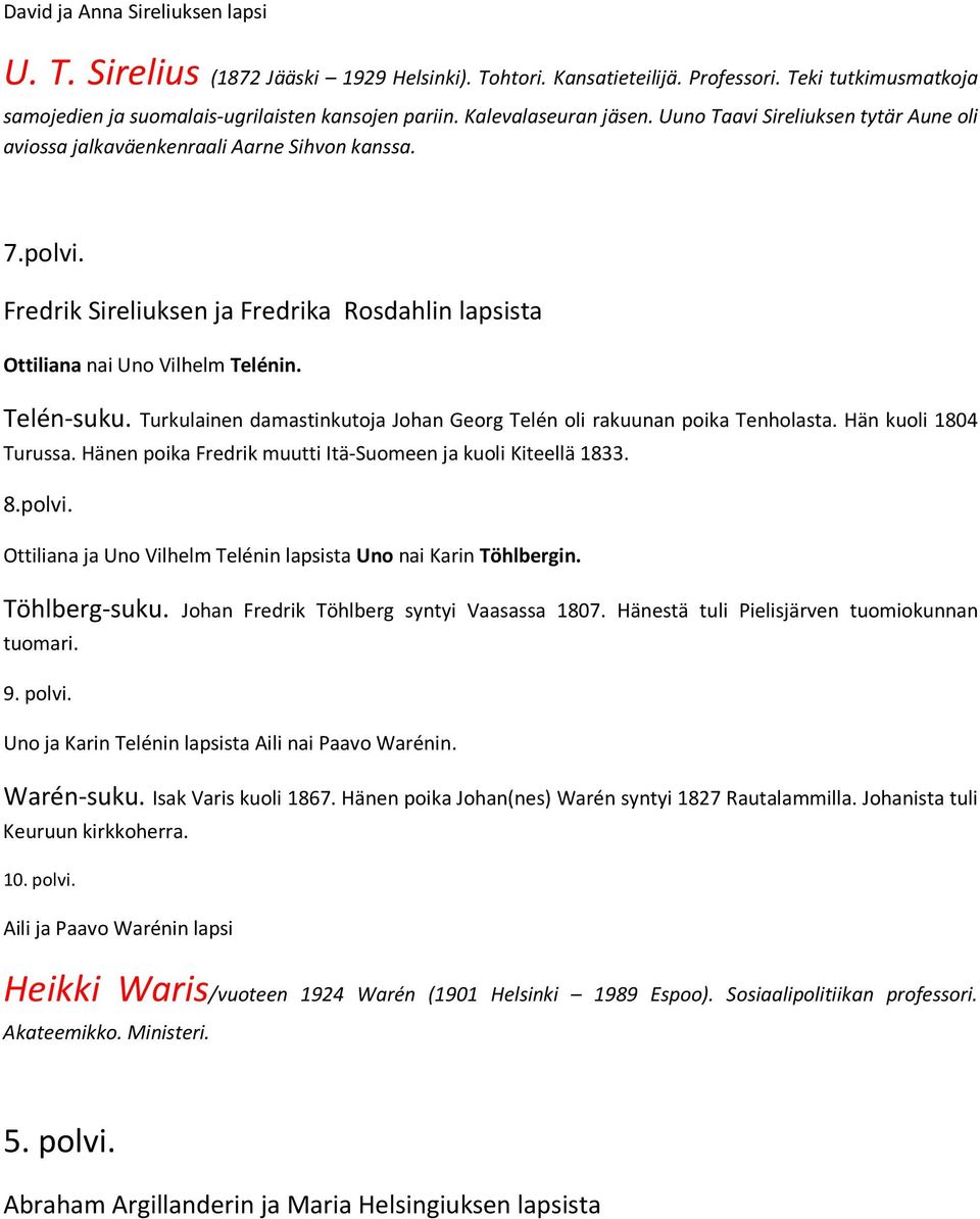Fredrik Sireliuksen ja Fredrika Rosdahlin lapsista Ottiliana nai Uno Vilhelm Telénin. Telén-suku. Turkulainen damastinkutoja Johan Georg Telén oli rakuunan poika Tenholasta. Hän kuoli 1804 Turussa.