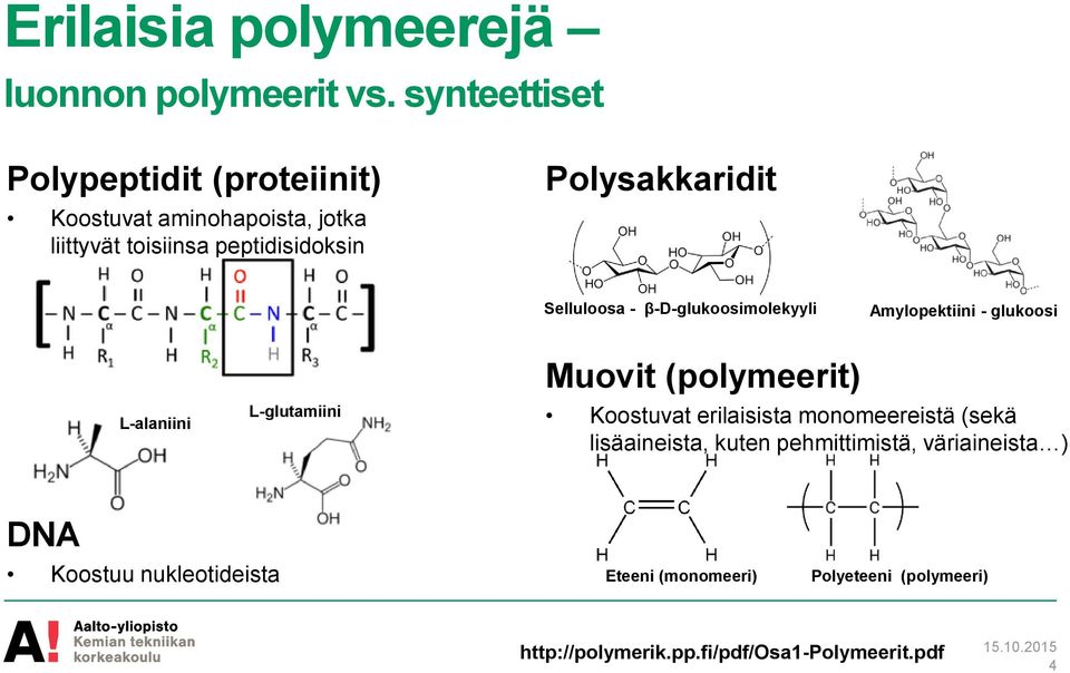 Polysakkaridit Selluloosa - β-d-glukoosimolekyyli Amylopektiini - glukoosi L-alaniini L-glutamiini Muovit (polymeerit)
