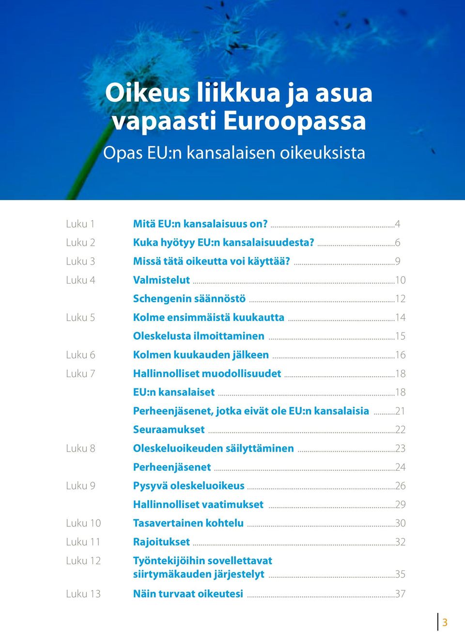 ..18 EU:n kansalaiset...18 Perheenjäsenet, jotka eivät ole EU:n kansalaisia...21 Seuraamukset...22 Luku 8 Oleskeluoikeuden säilyttäminen...23 Perheenjäsenet...24 Luku 9 Pysyvä oleskeluoikeus.