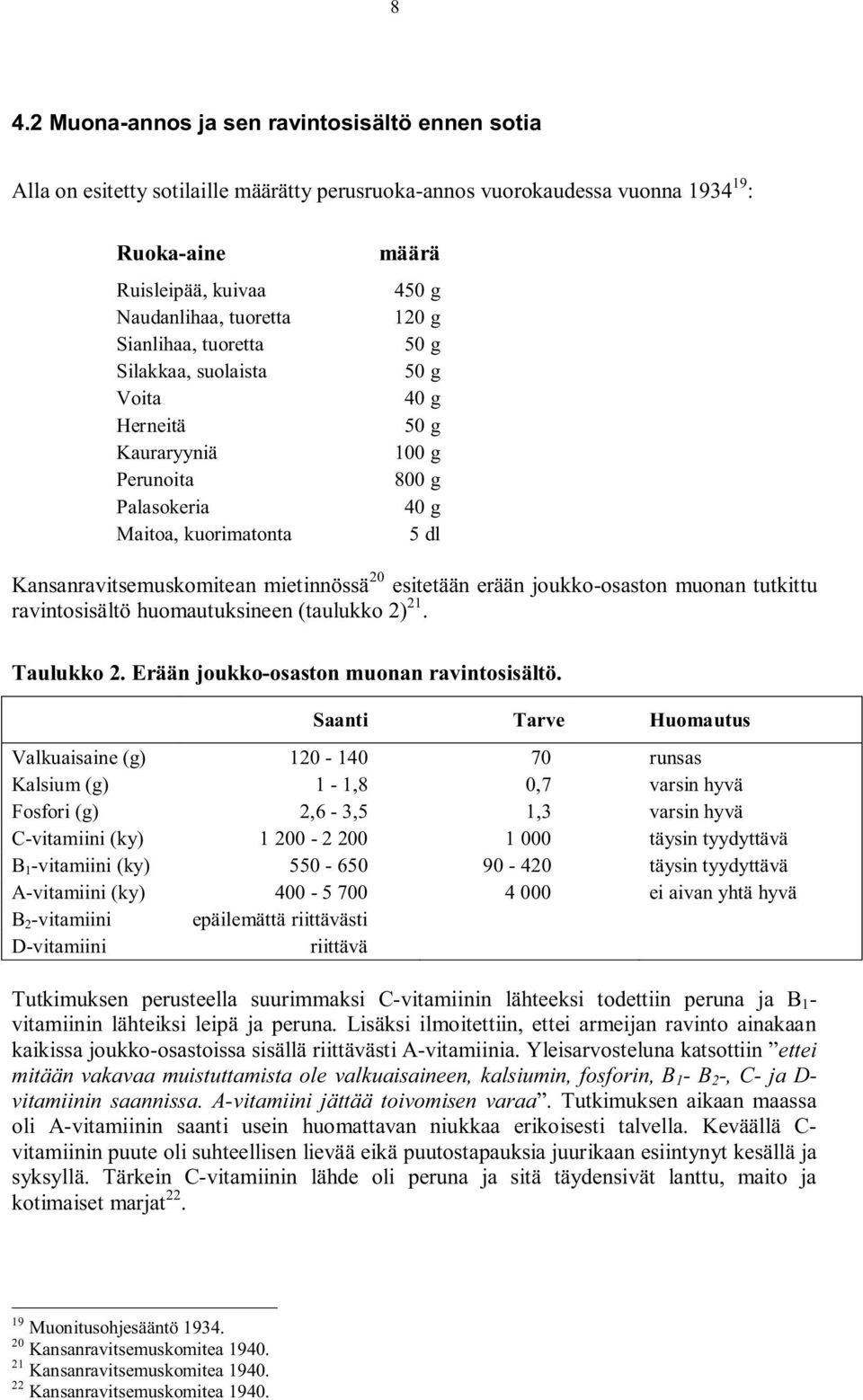 esitetään erään joukko-osaston muonan tutkittu ravintosisältö huomautuksineen (taulukko 2) 21. Taulukko 2. Erään joukko-osaston muonan ravintosisältö.