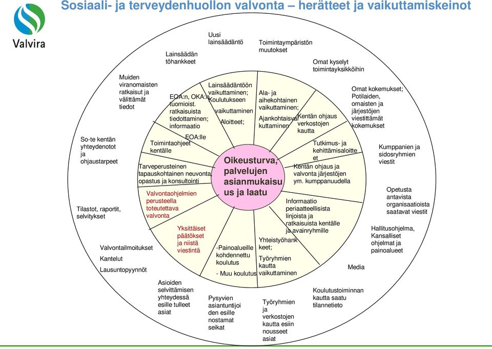 ratkaisuista vaikuttaminen tiedottaminen; Aloitteet; informaatio EOA:lle Toimintaohjeet kentälle Tarveperusteinen tapauskohtainen neuvonta, opastus ja konsultointi Valvontaohjelmien perusteella