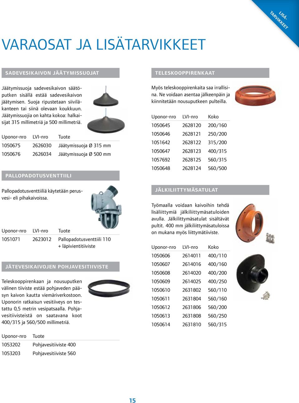 1050675 2626030 Jäätymissuoja Ø 315 mm 1050676 2626034 Jäätymissuoja Ø 500 mm PALLOPADOTUSVENTTIILI TELESKOOPPIRENKAAT Myös teleskooppirenkaita saa irrallisina.