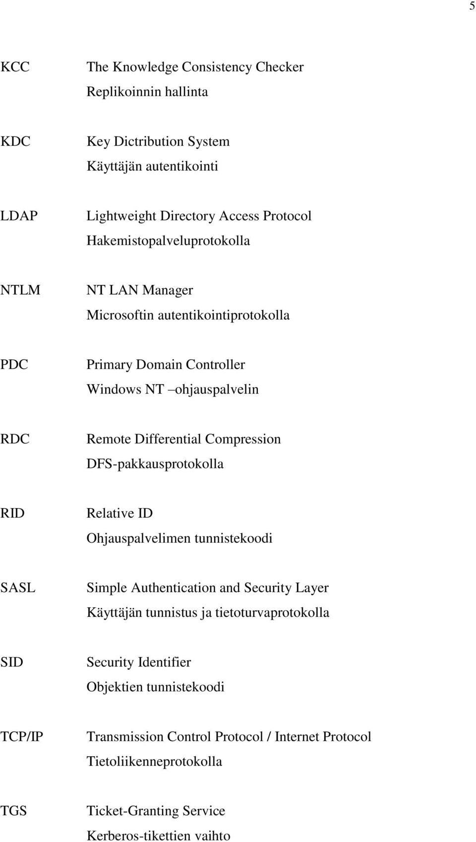 Compression DFS-pakkausprotokolla RID Relative ID Ohjauspalvelimen tunnistekoodi SASL Simple Authentication and Security Layer Käyttäjän tunnistus ja