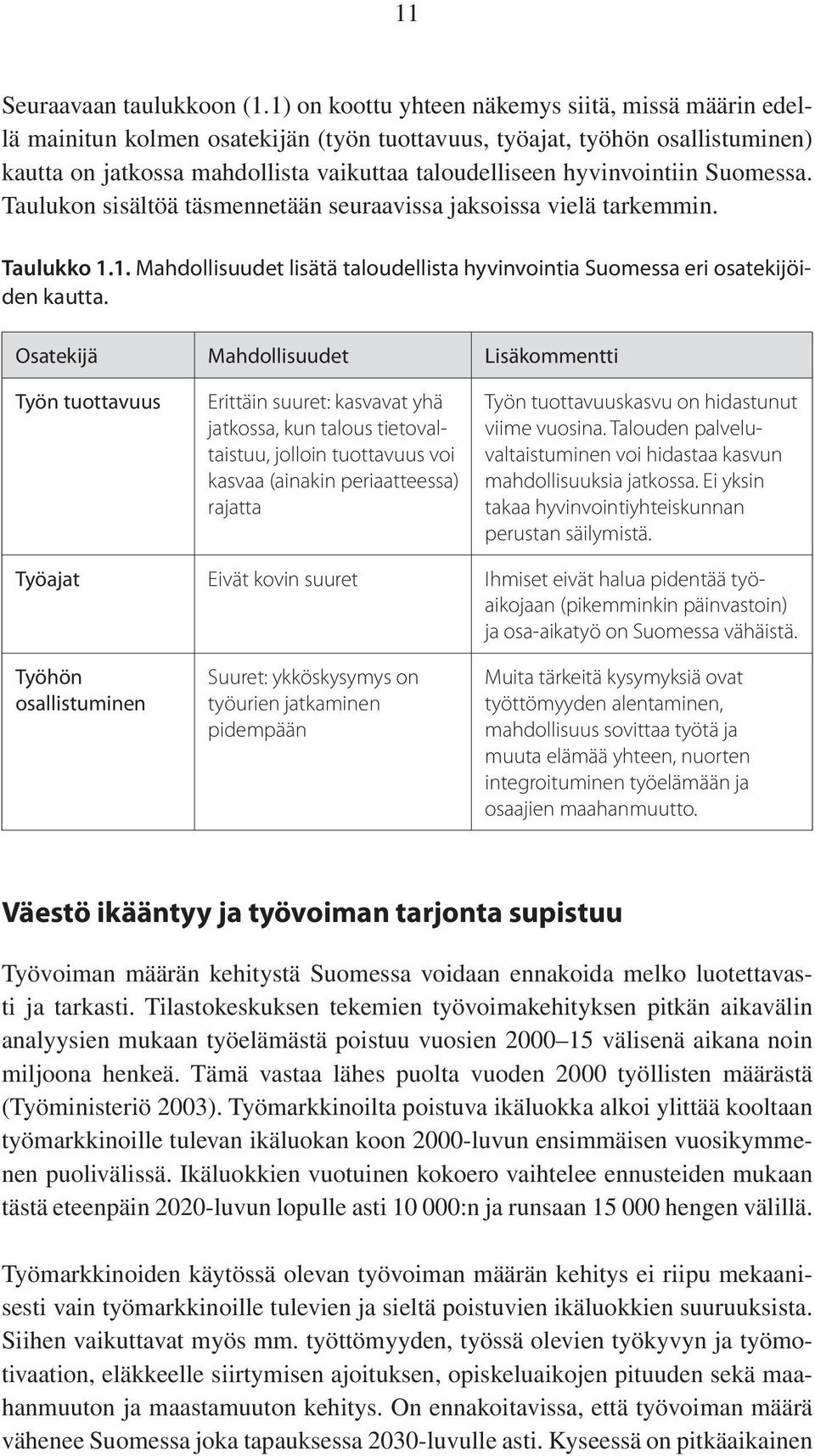 hyvinvointiin Suomessa. Taulukon sisältöä täsmennetään seuraavissa jaksoissa vielä tarkemmin. Taulukko 1.1. Mahdollisuudet lisätä taloudellista hyvinvointia Suomessa eri osatekijöiden kautta.