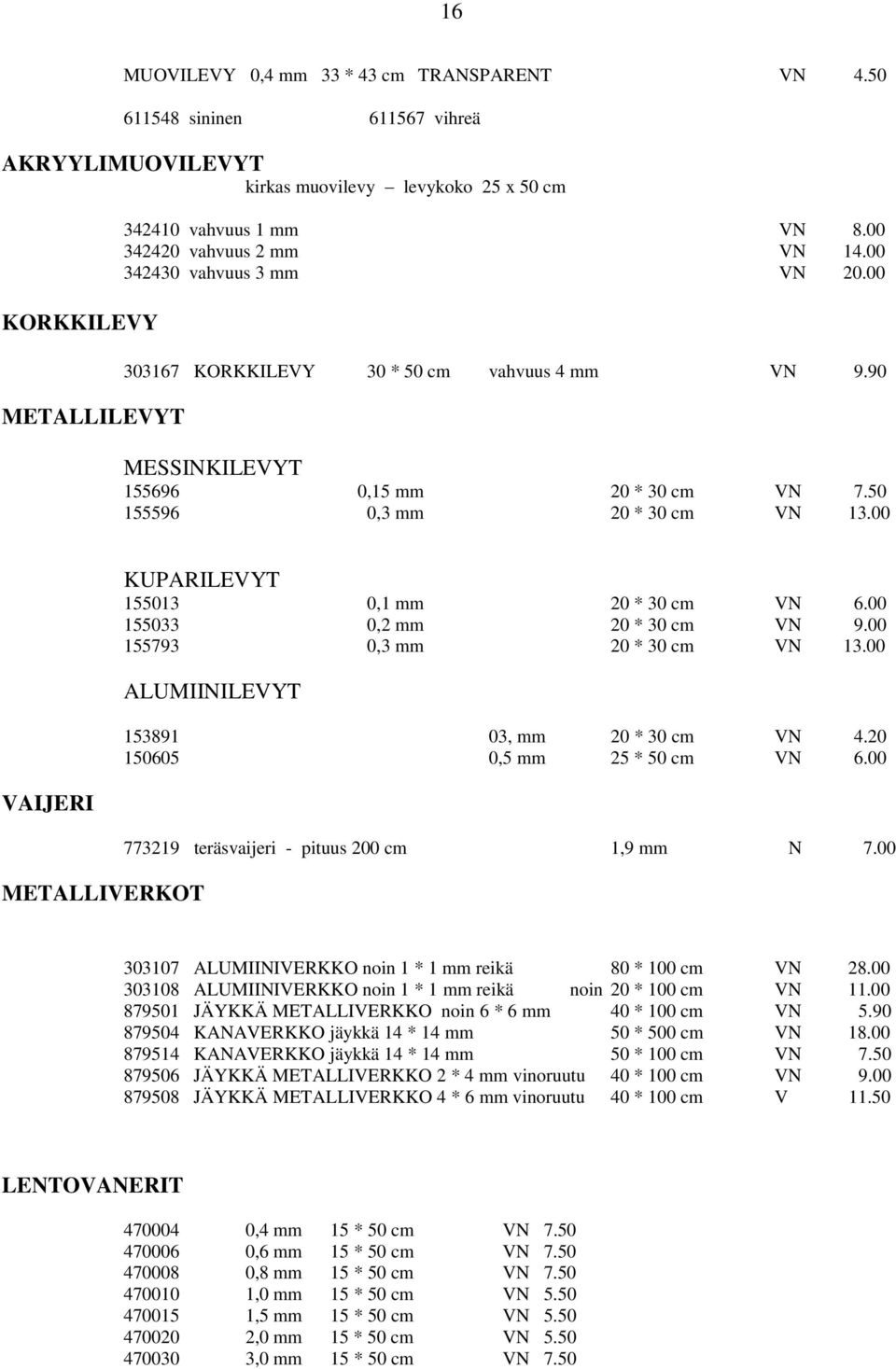 00 VAIJERI METALLIVERKOT KUPARILEVYT 155013 0,1 mm 20 * 30 cm VN 6.00 155033 0,2 mm 20 * 30 cm VN 9.00 155793 0,3 mm 20 * 30 cm VN 13.00 ALUMIINILEVYT 153891 03, mm 20 * 30 cm VN 4.