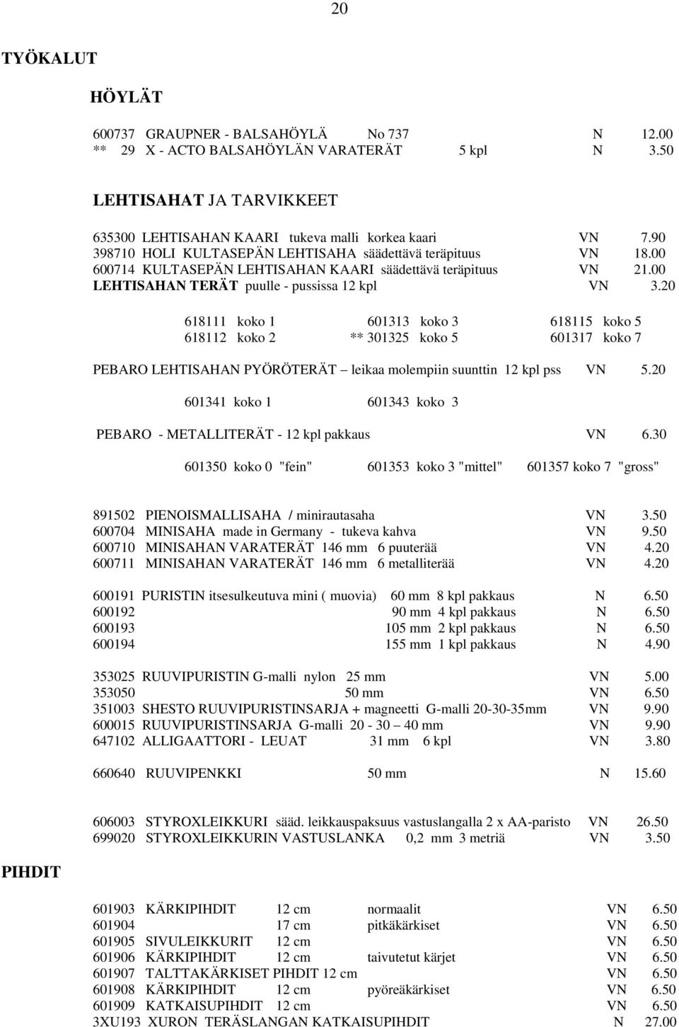 20 618111 koko 1 601313 koko 3 618115 koko 5 618112 koko 2 ** 301325 koko 5 601317 koko 7 PEBARO LEHTISAHAN PYÖRÖTERÄT leikaa molempiin suunttin 12 kpl pss VN 5.