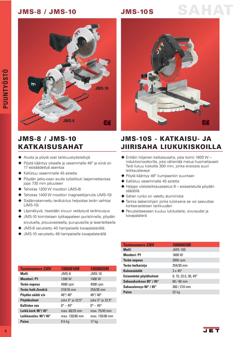 terälukitus helpottaa terän vaihtoa (JMS-10) Läpinäkyvä, itsestään sivuun vetäytyvä teränsuojus JMS-10 toimitetaan työkappaleen puristimella, pöydän sivutuella, pituusvasteella, purupussilla ja