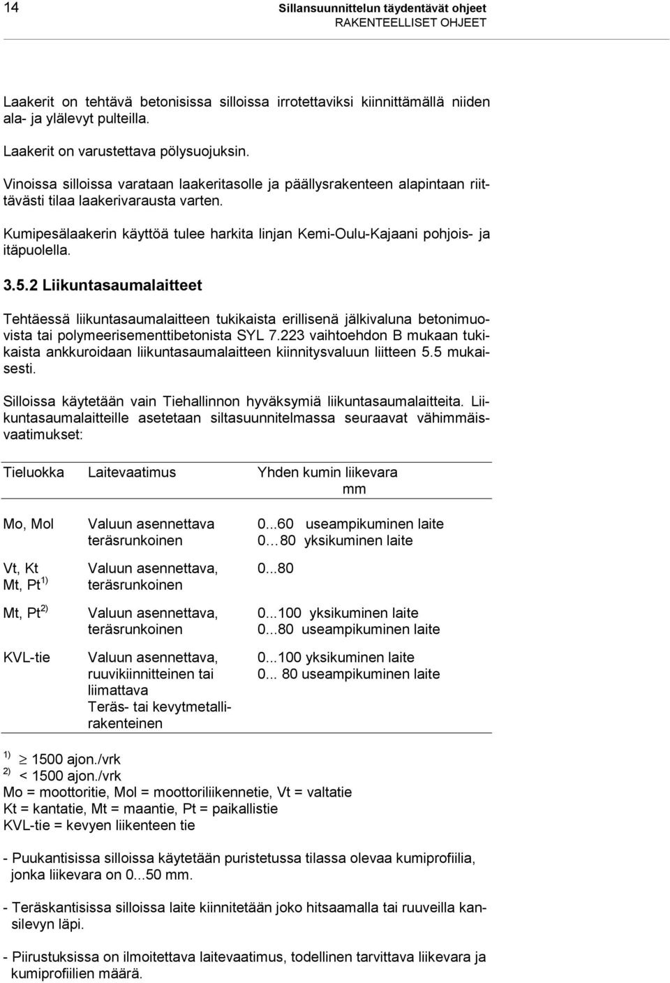 Kumipesälaakerin käyttöä tulee harkita linjan Kemi-Oulu-Kajaani pohjois- ja itäpuolella. 3.5.