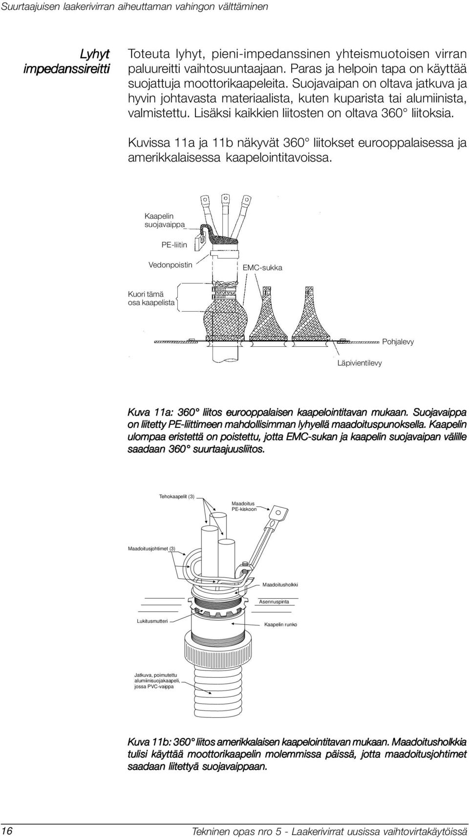 Lisäksi kaikkien liitosten on oltava 360 liitoksia. Kuvissa 11a ja 11b näkyvät 360 liitokset eurooppalaisessa ja amerikkalaisessa kaapelointitavoissa.
