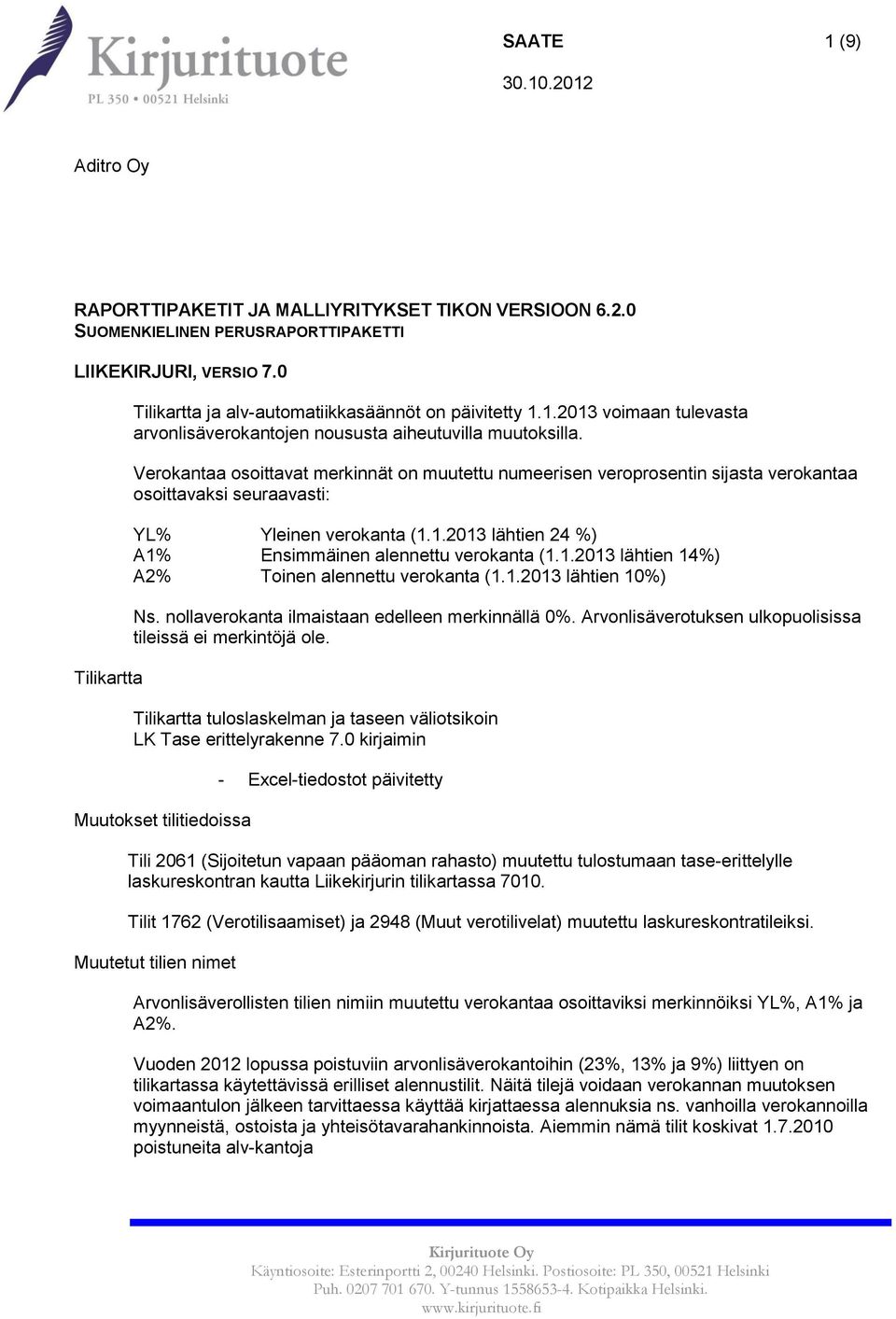 Verokantaa osoittavat merkinnät on muutettu numeerisen veroprosentin sijasta verokantaa osoittavaksi seuraavasti: YL% Yleinen verokanta (1.1.2013 lähtien 24 %) A1% Ensimmäinen alennettu verokanta (1.